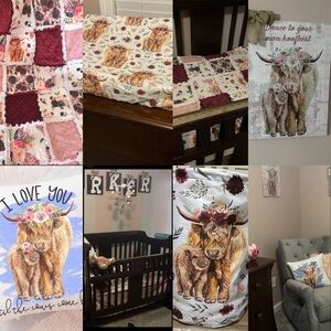Will seprate 11pc Highland Cow Themed Crib / Toddler handmade Quilt Bedding Set